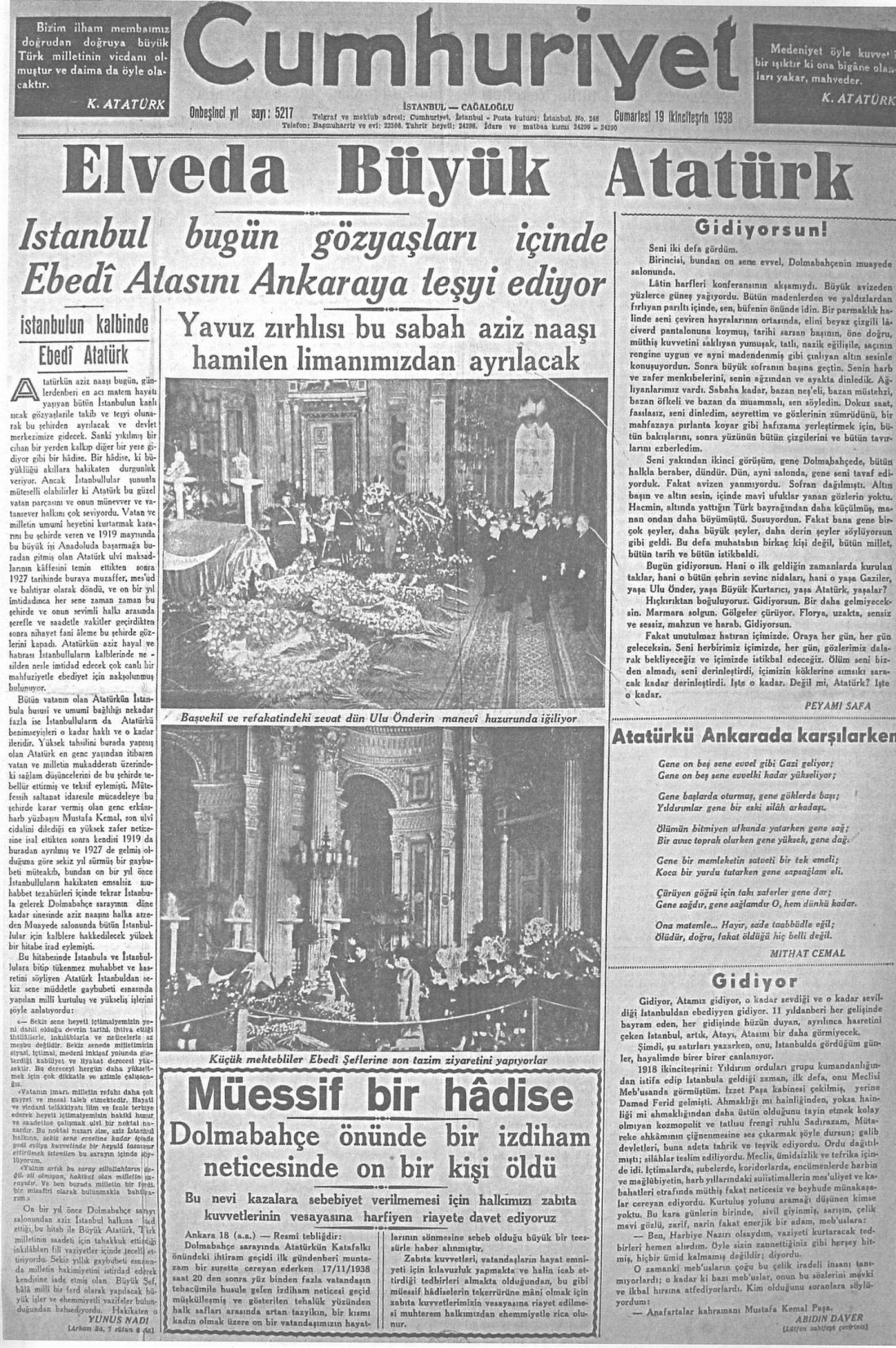 Elveda Büyük Atatürk - Cumhuriyet Gazetesi 1938